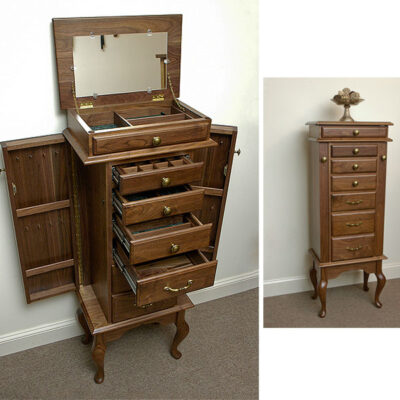 jewelry chest armoire stores lots of neckless, rings and accessories in handmade walnut oak or cherry wood.