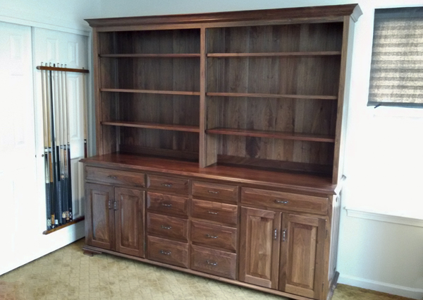 Open Bookcase with storage behind doors and drawers Walnut hardwood